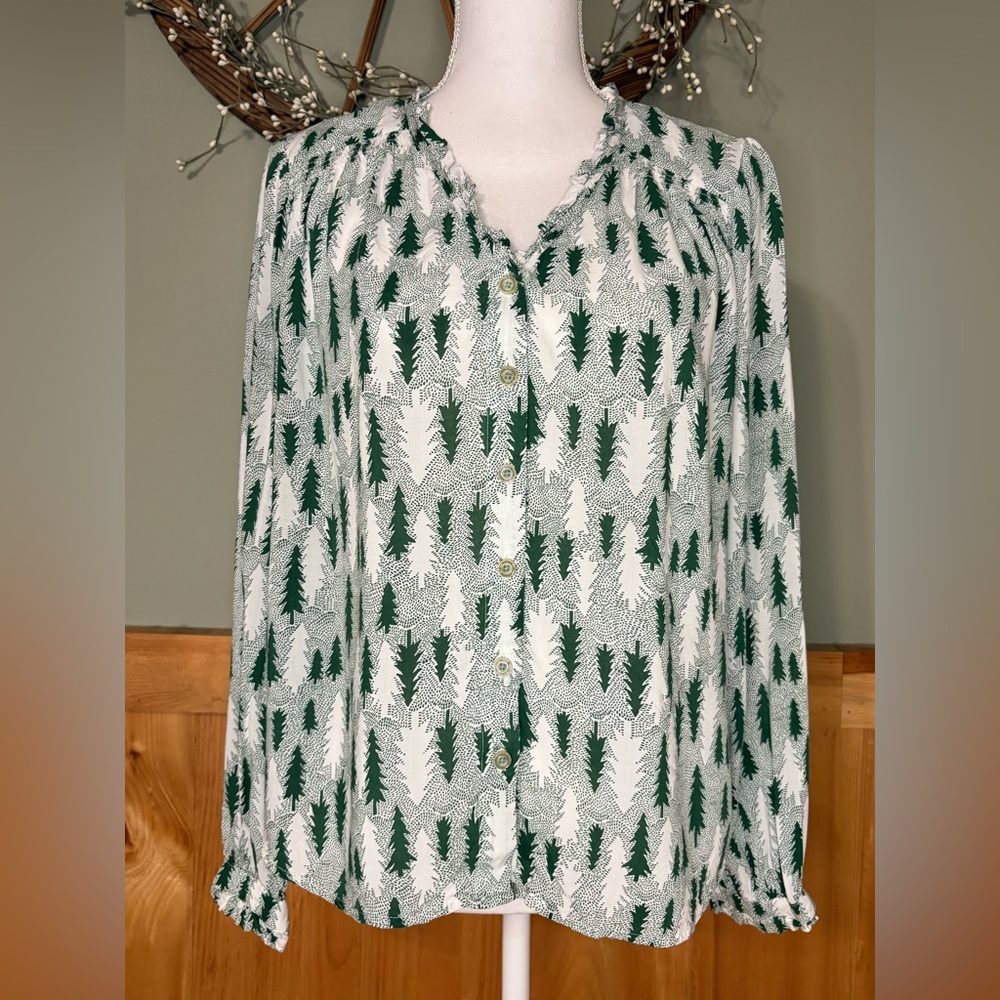 Maeve Green and White Tree Print Blouse
